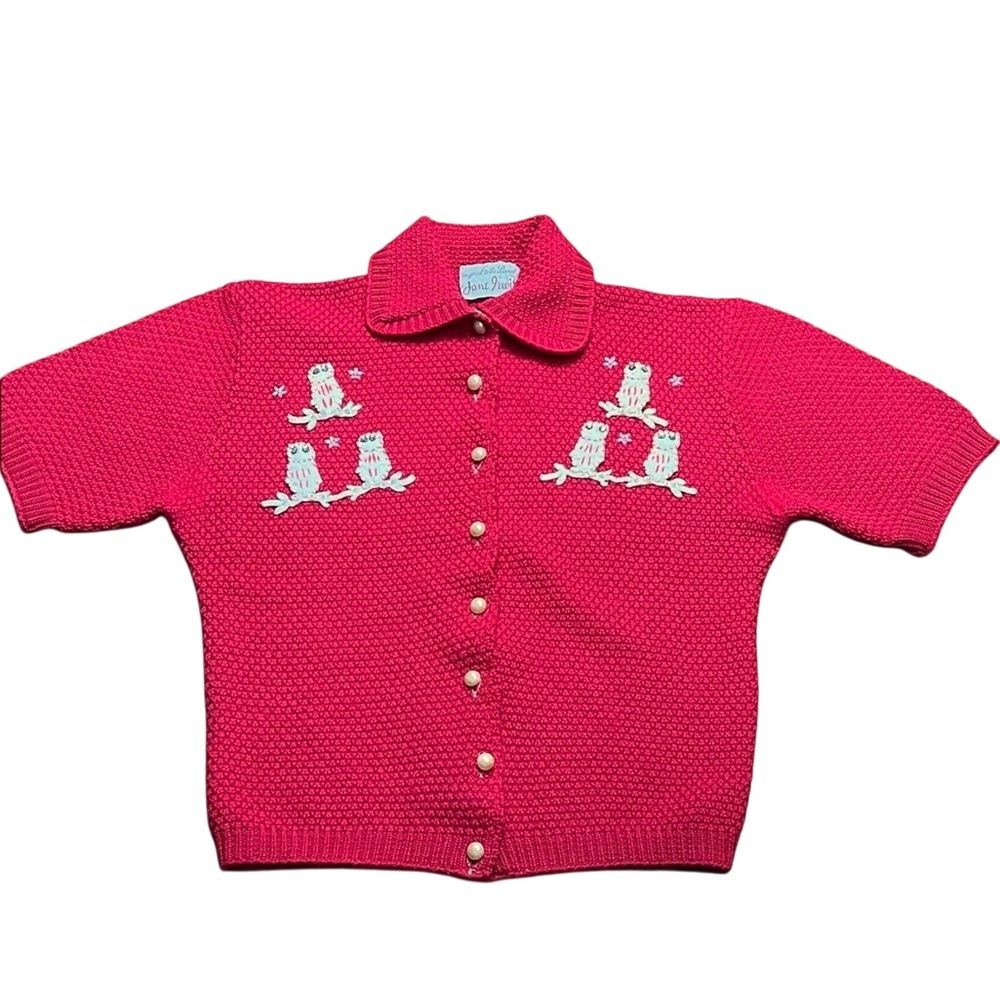 Jane Irwill Red Cardigan S Vintage 50s Owl Applique Pearl Button Short Sleeve
